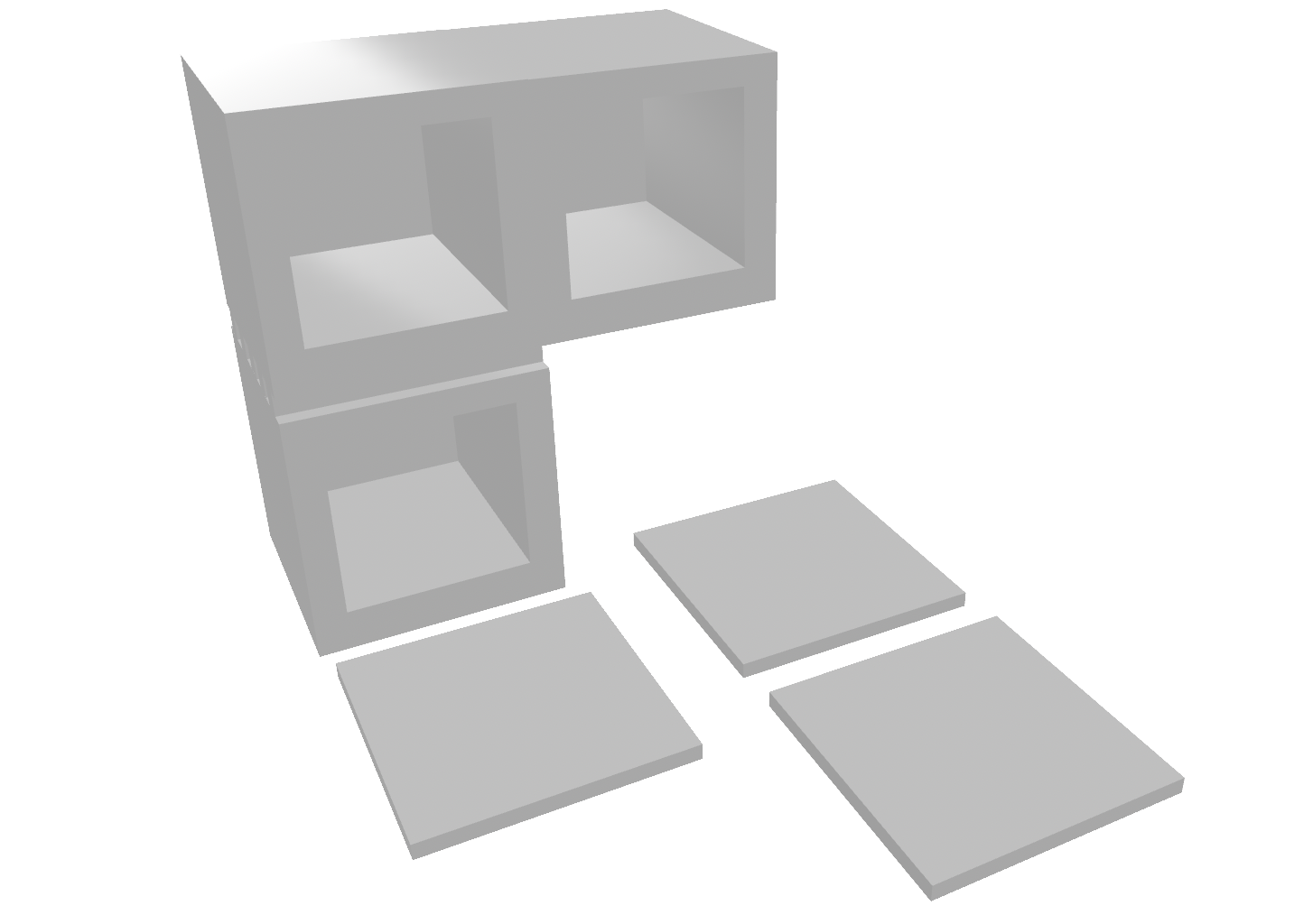 3D model of the first weight gripper: three hollow square compartments with their lids beside them