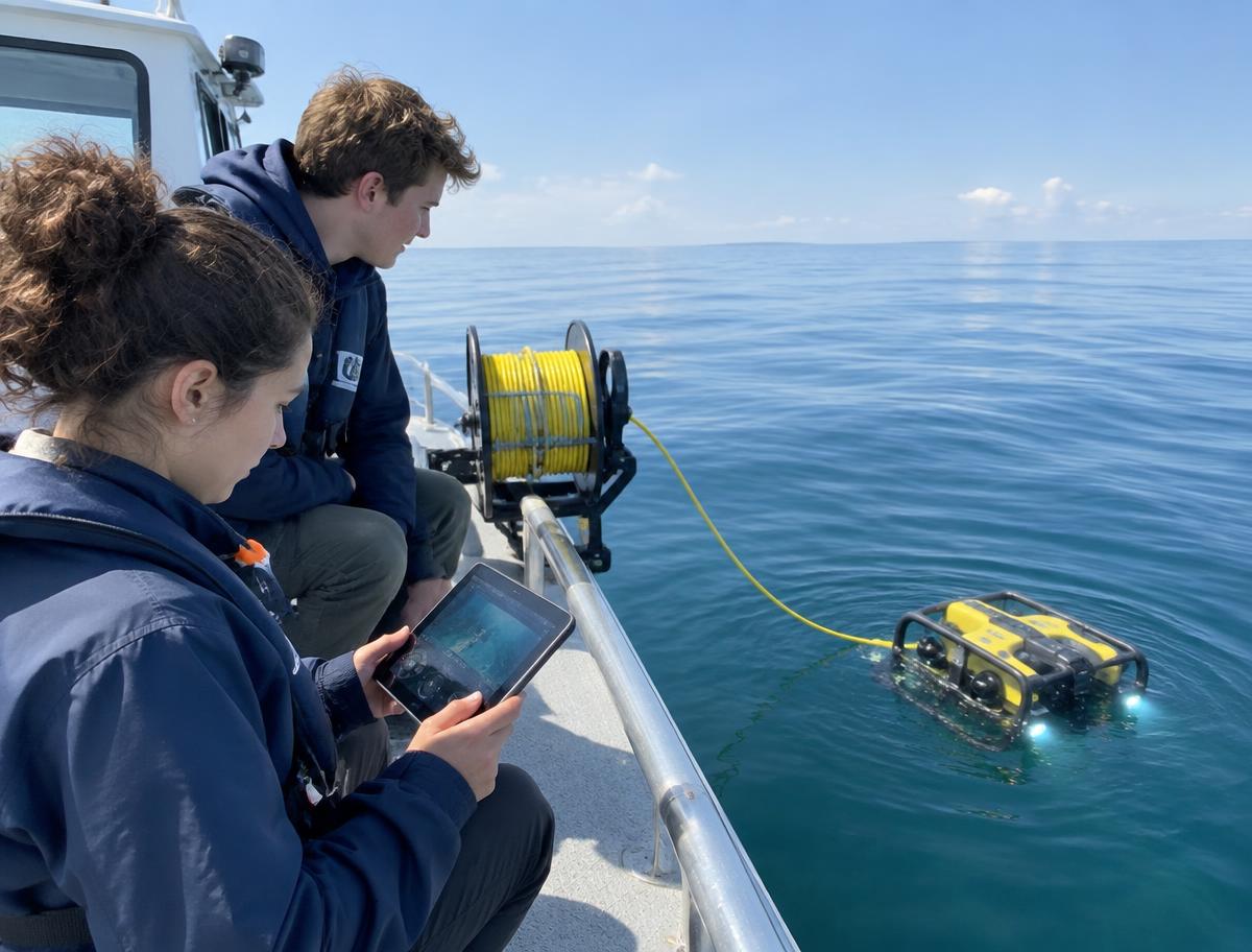 Explorers controlling an underwater robot from a boat