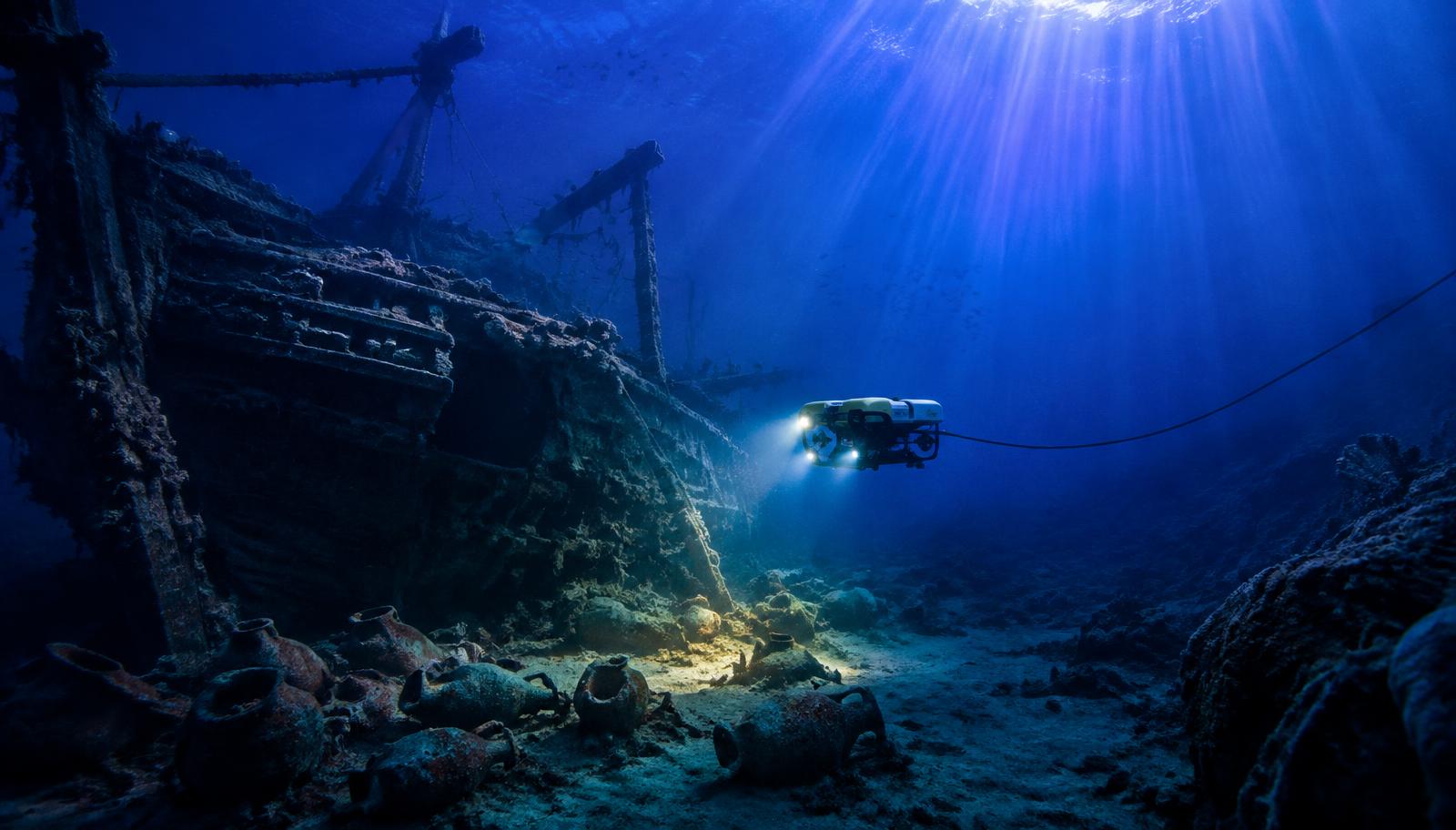 Underwater robot exploring a shipwreck